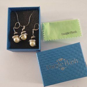 Womens White Gold Plated Faux Pearl Earrings Necklace Spirals Rhinestones 18KRGP